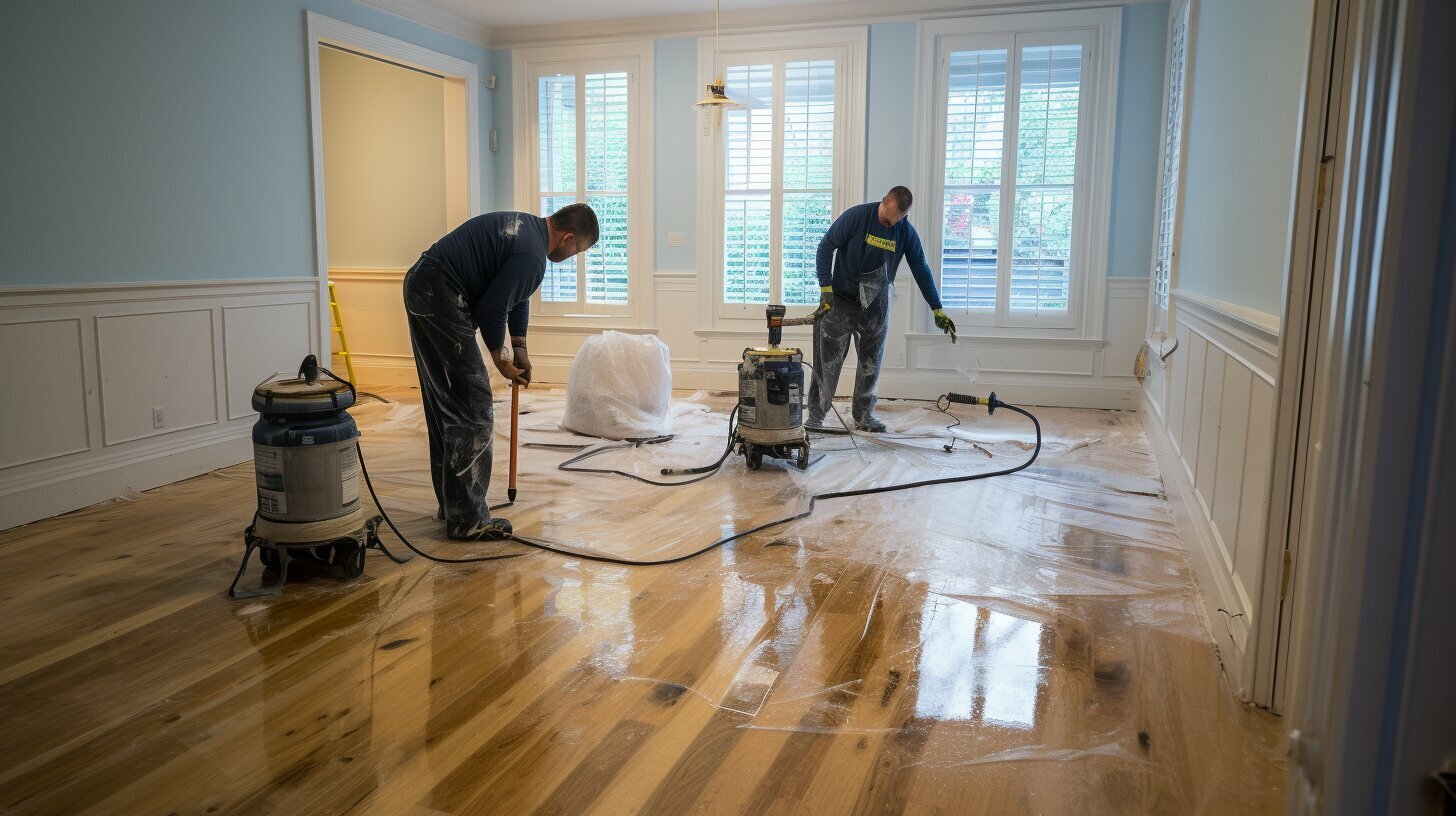 Technicians removing water from a wet floor in a home